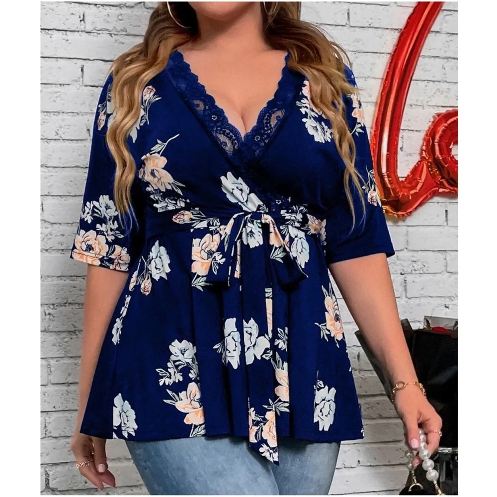 Plus Floral Print Lace Belted Top - Picture 6 of 9